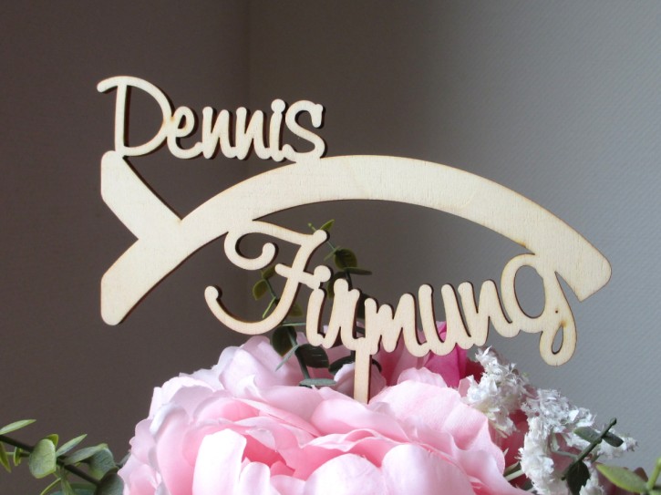 Blumen- / Tortenstecker "Firmung" in Fisch Ichtys mit Name aus Holz