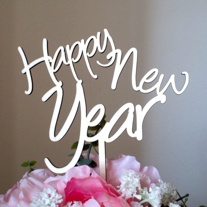 Blumen- / Tortenstecker "Happy New Year" aus Holz