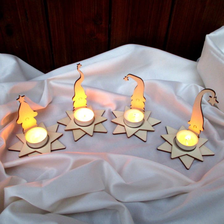 Kerzenwichtel Vierergruppe mit Teelicht-Stern, Steckset aus Holz