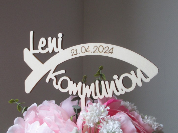 Blumen- / Tortenstecker "Kommunion" in Fisch Ichtys mit Name aus Holz mit Datum